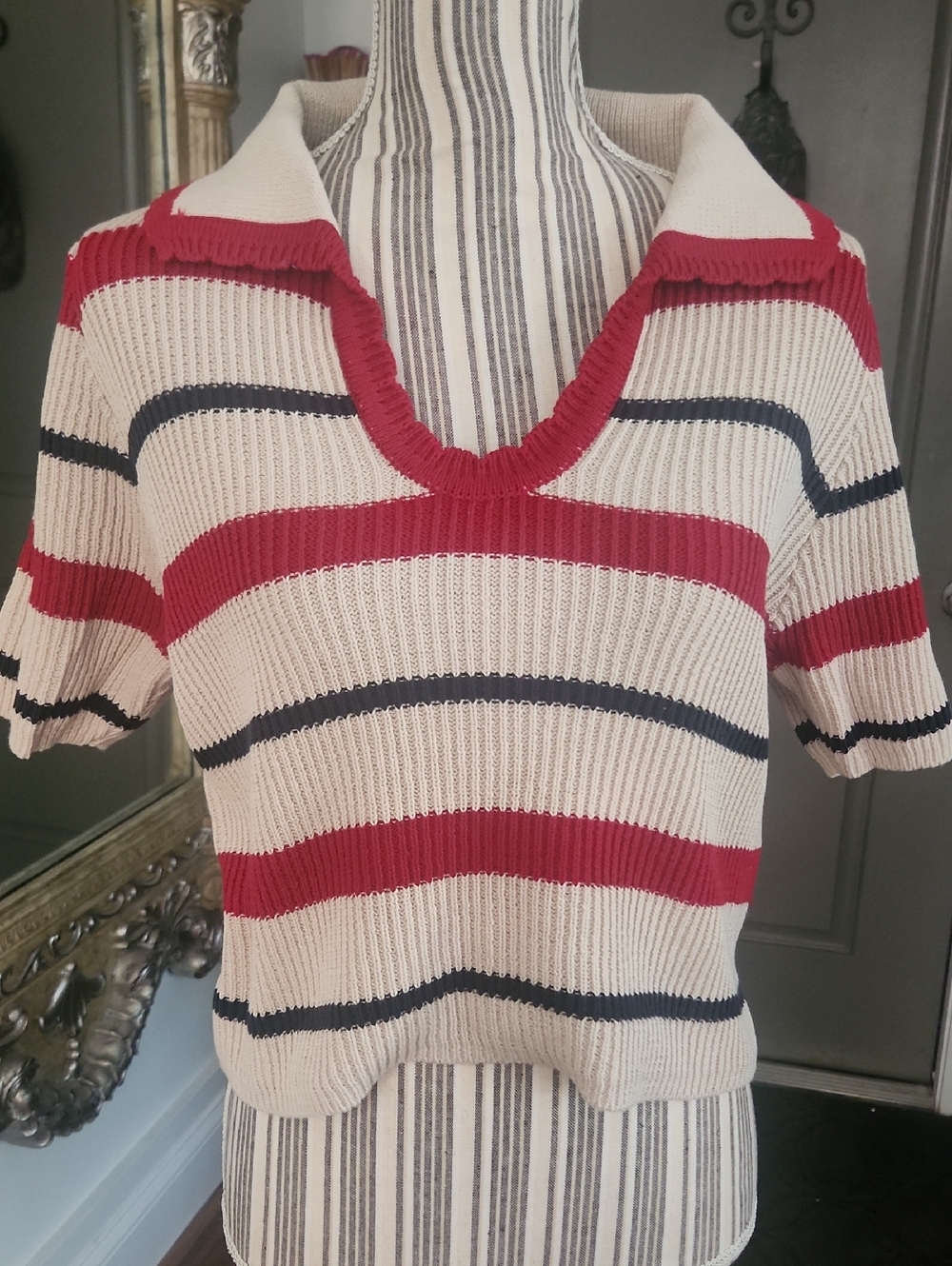 Zenana Striped Knit Polo Top in Cream, Red & Navy